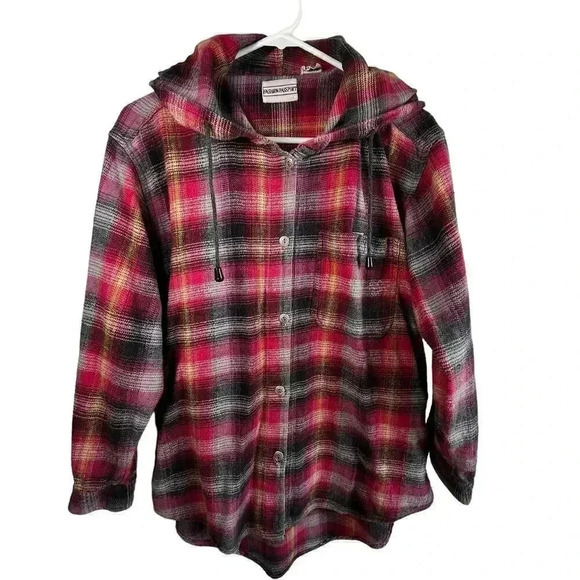 Fashion Passport Tops - Fashion Passport Women’s‎ Cotton Pink Button-up Hooded Flannel Medium